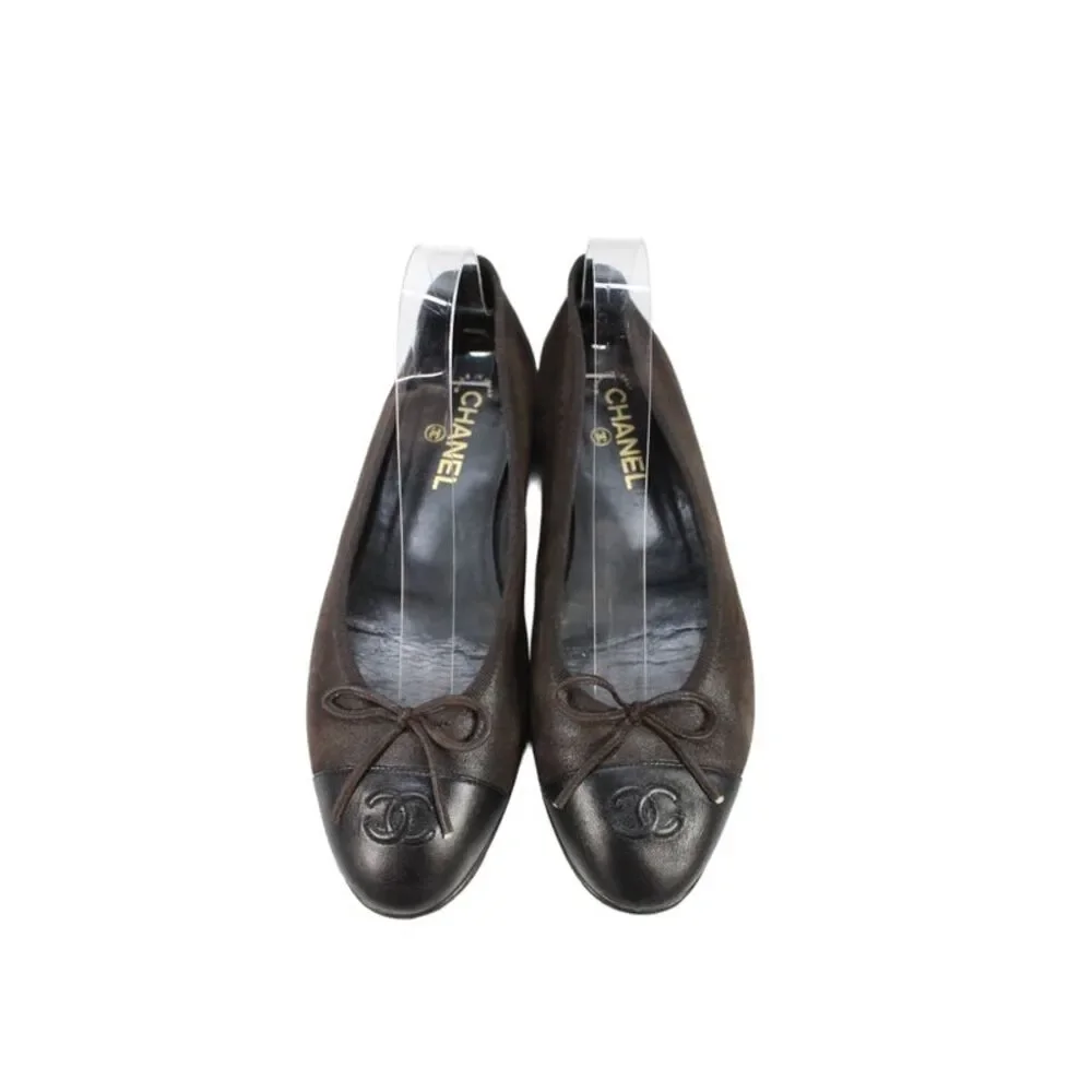 Chanel Womens Leather Cap Toe Ballet Flats Dark Brown Black Size 42 12